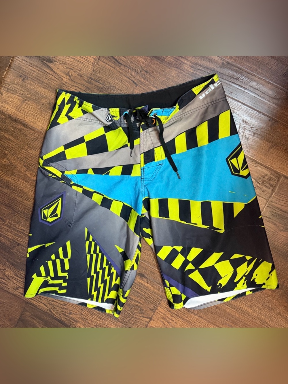 Volcom Lime Green, Blue & Gray Graphic Swim Shorts